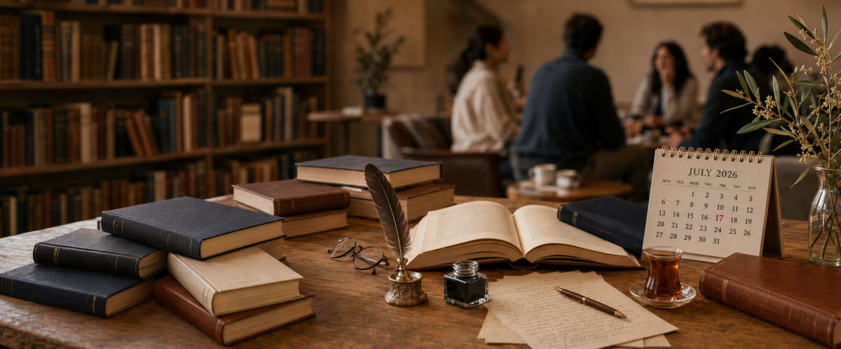 Bücher, Schreibfeder, Tintenfass und Lesekultur bei Vianova Hub